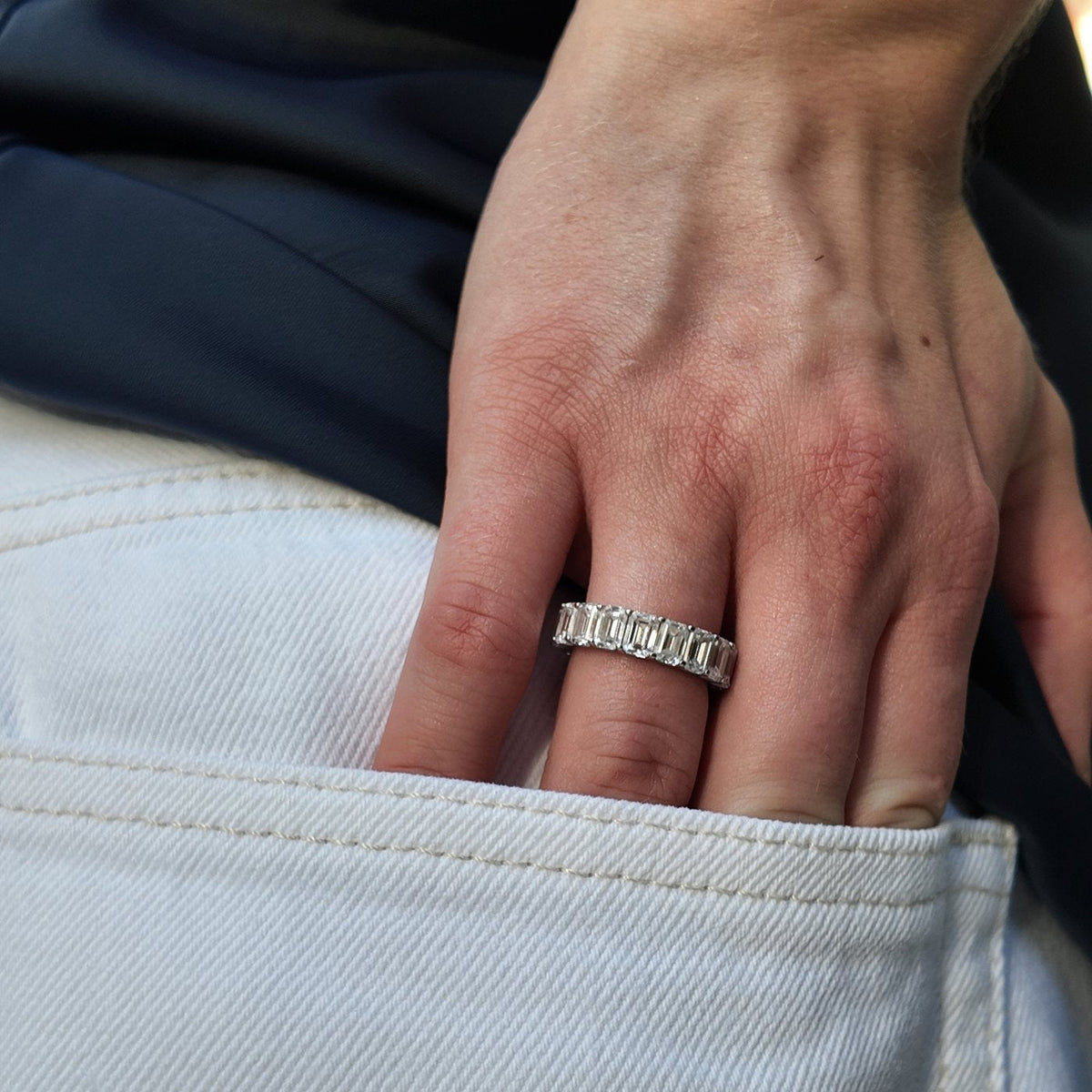 A hand wearing a diamond eternity band