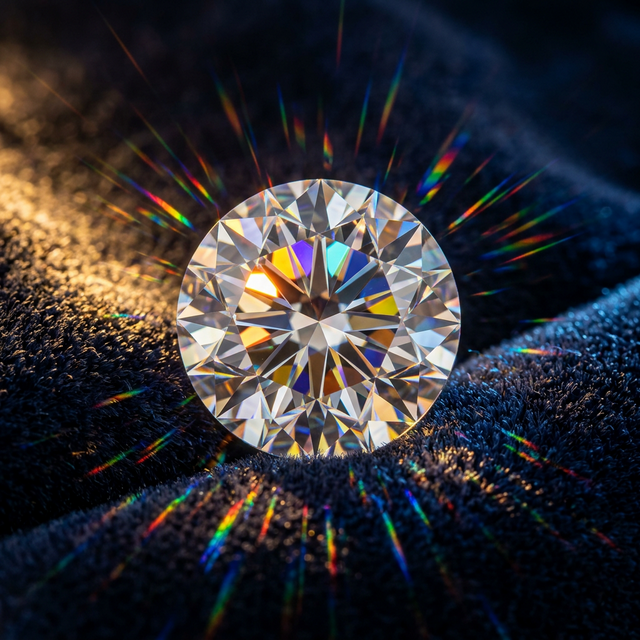 Close view of a round diamond showing fire and light return