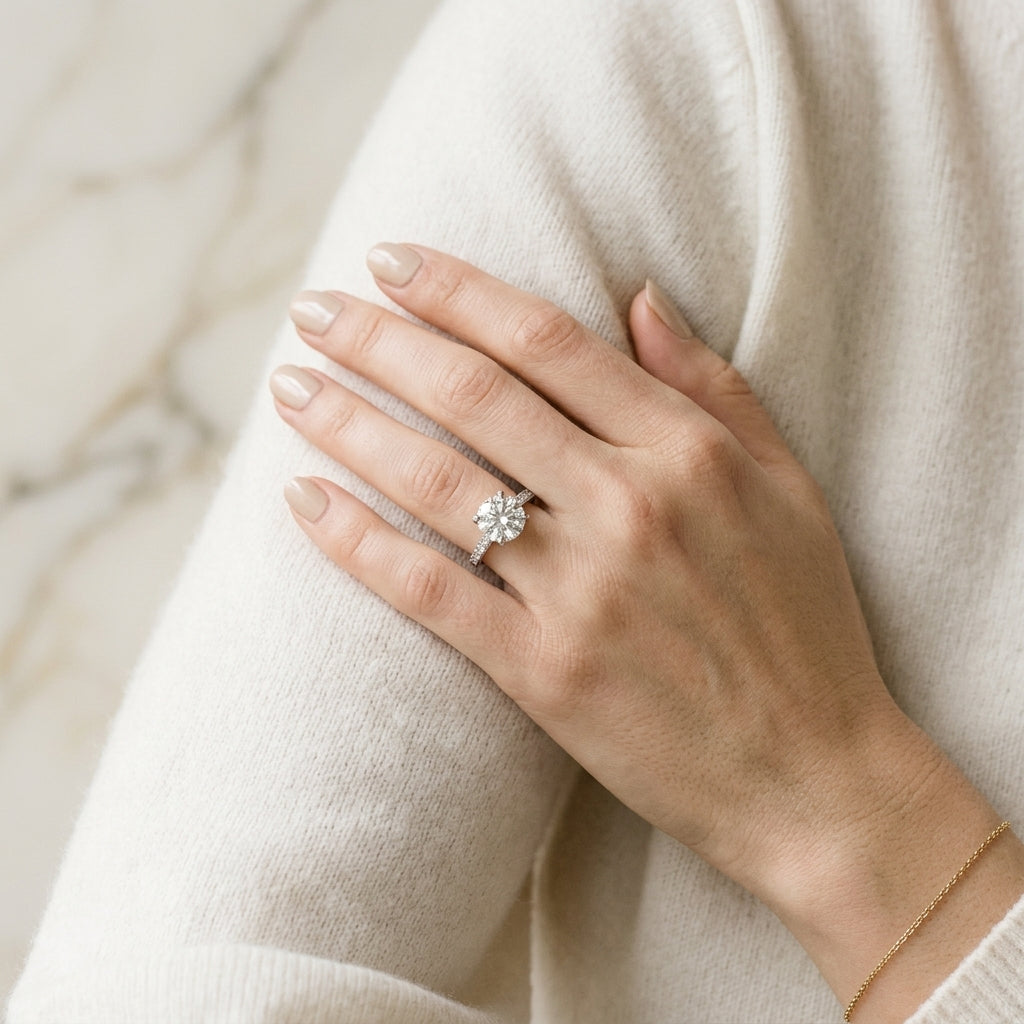 Lab-grown diamond engagement ring on hand — Irdoja Diamonds, Boca Raton