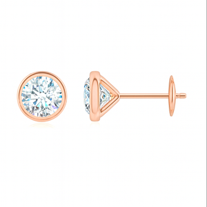 Lab-grown bezel-set diamond martini stud earrings in 18k rose gold by Irdoja Diamonds.