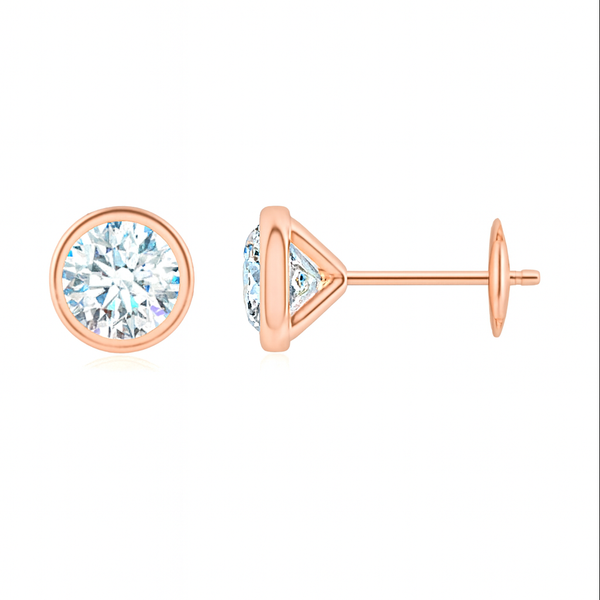 Lab-grown bezel-set diamond martini stud earrings in 18k rose gold by Irdoja Diamonds.