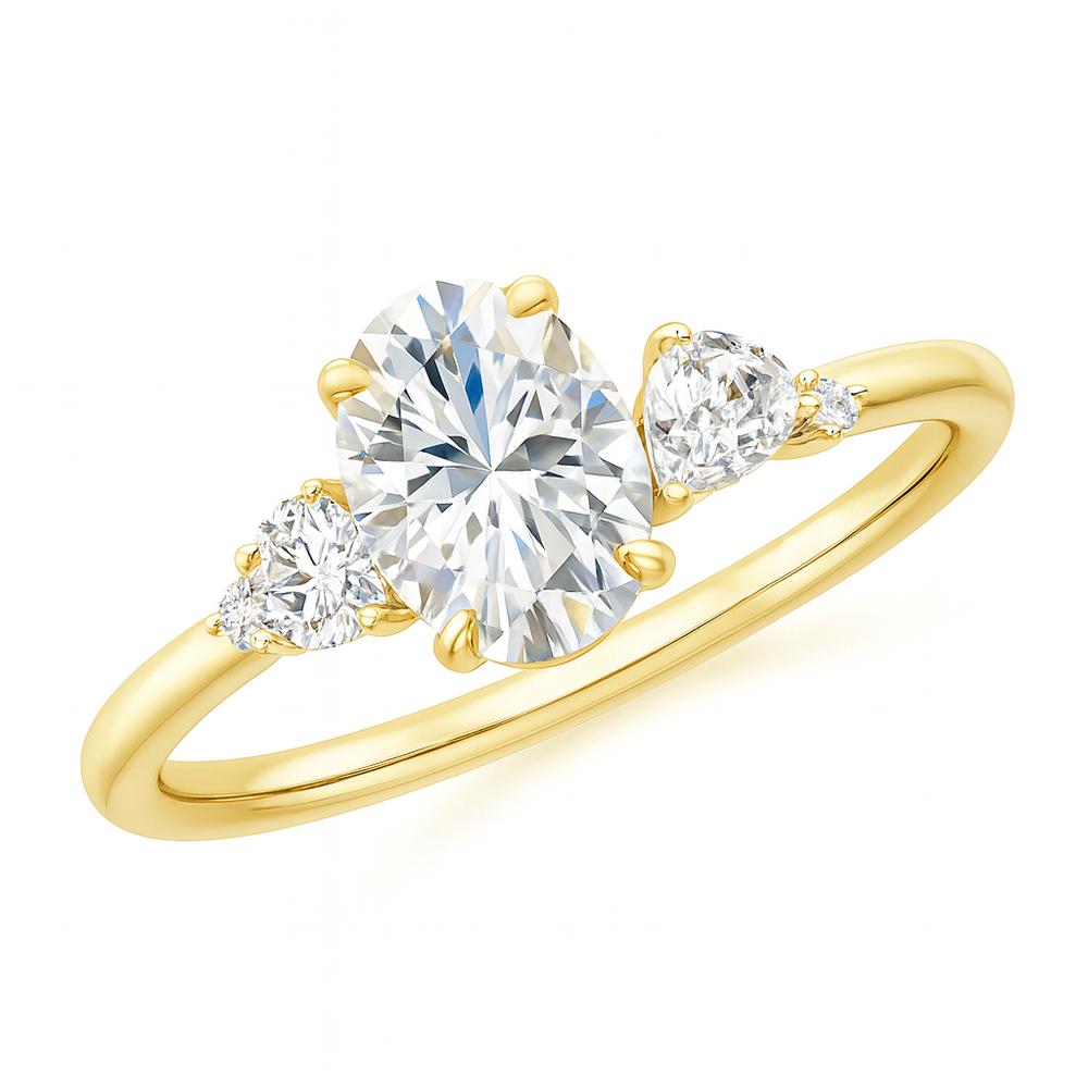 Claw prong oval lab-grown diamond engagement ring in 18k white gold with multi-shape diamond accents.