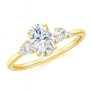 Claw prong oval lab-grown diamond engagement ring with multi-shape accents in 18k yellow gold by Irdoja Diamonds.