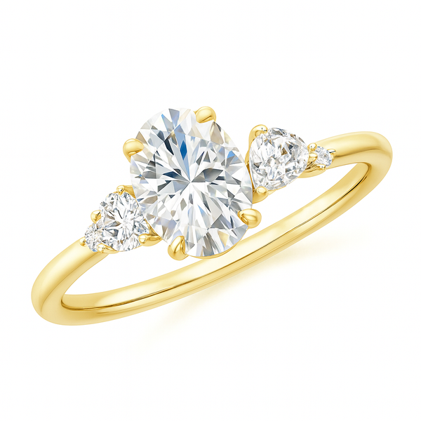 Claw prong oval lab-grown diamond engagement ring with multi-shape accents in 18k yellow gold by Irdoja Diamonds.