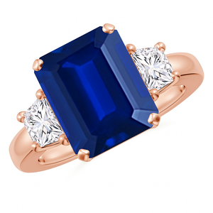 Lab Sapphire Emerald-Cut Ring Trapezoid Diamonds 5.98ct 14K 18K Gold