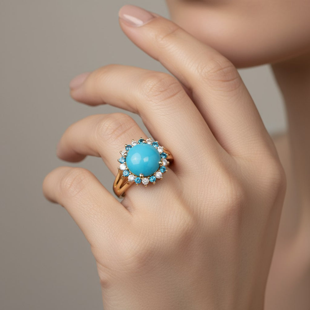 Round Turquoise Triple Split Shank Ring with Alternating Diamond Halo — Engagement Ring | Irdoja Diamonds