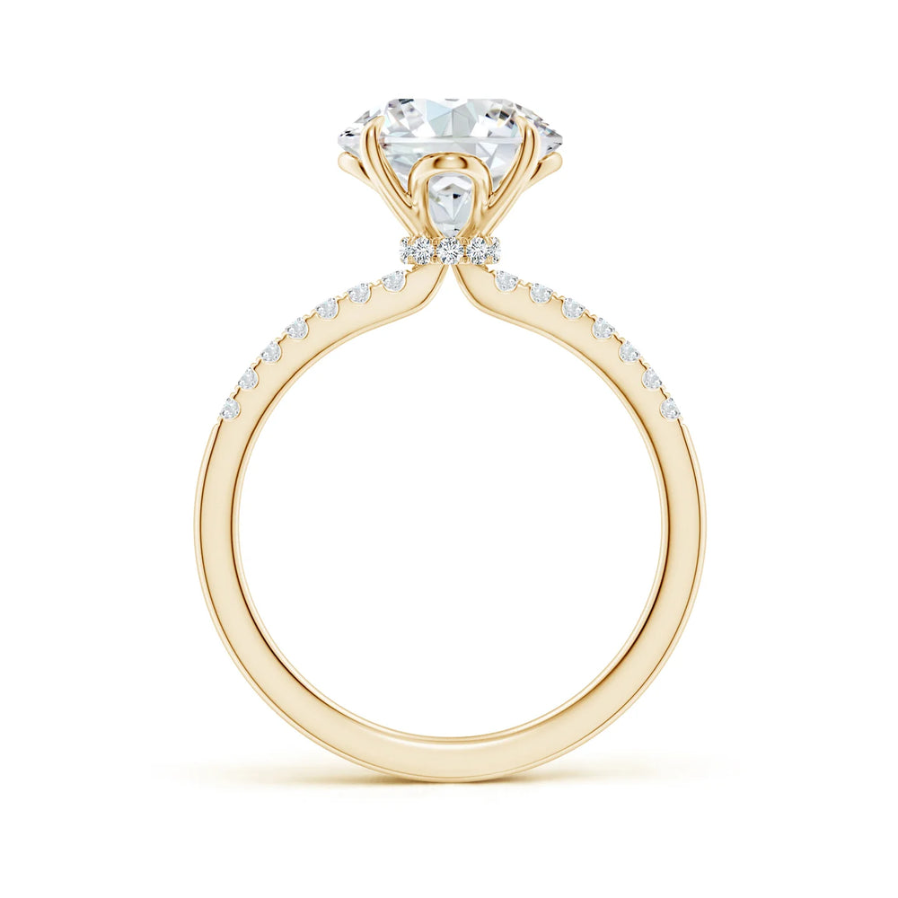 Lab-grown round diamond engagement ring with hidden halo, set in 18k yellow gold by Irdoja Diamonds.