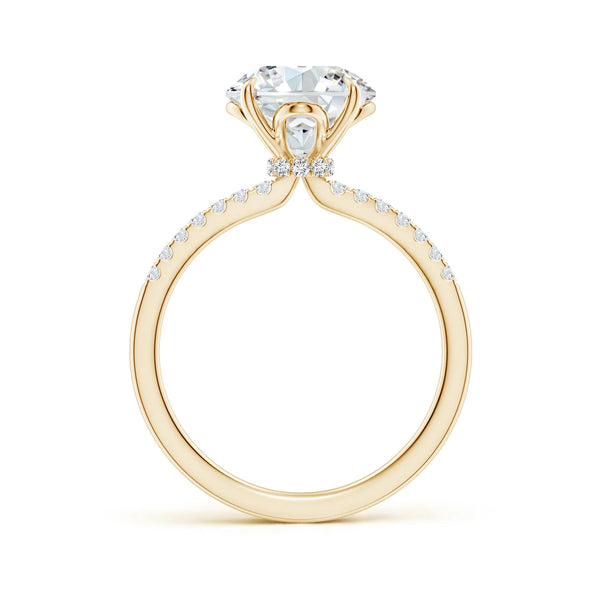 Lab-grown round diamond hidden halo engagement ring in 18k yellow gold by Irdoja Diamonds.