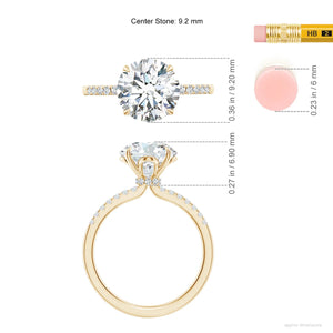 Lab-grown round diamond hidden halo engagement ring in 18k yellow gold with artisan-crafted details.