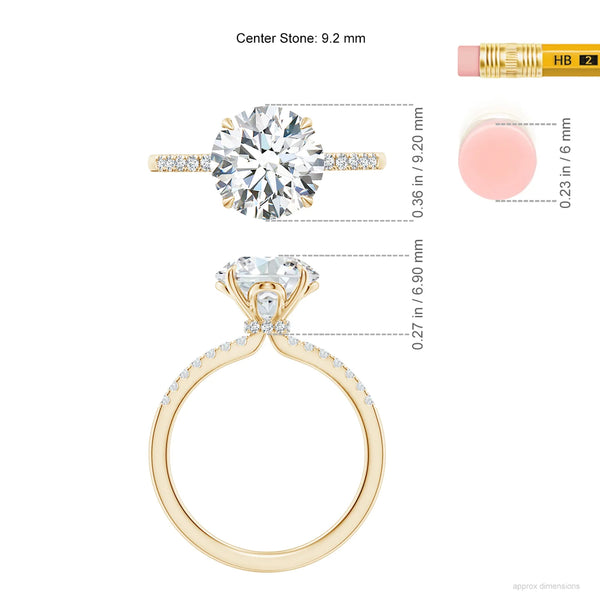 Lab-grown round diamond hidden halo engagement ring in 18k yellow gold with artisan-crafted details.