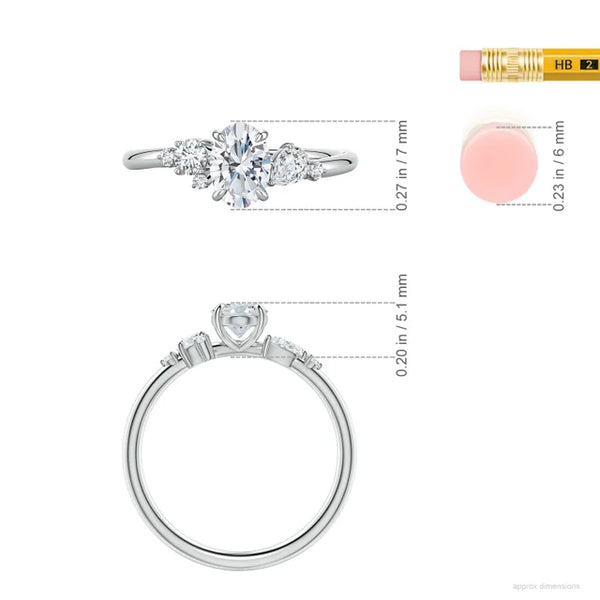 Oval lab-grown diamond ring with pear and round accents in 14K white gold by Irdoja Diamonds.