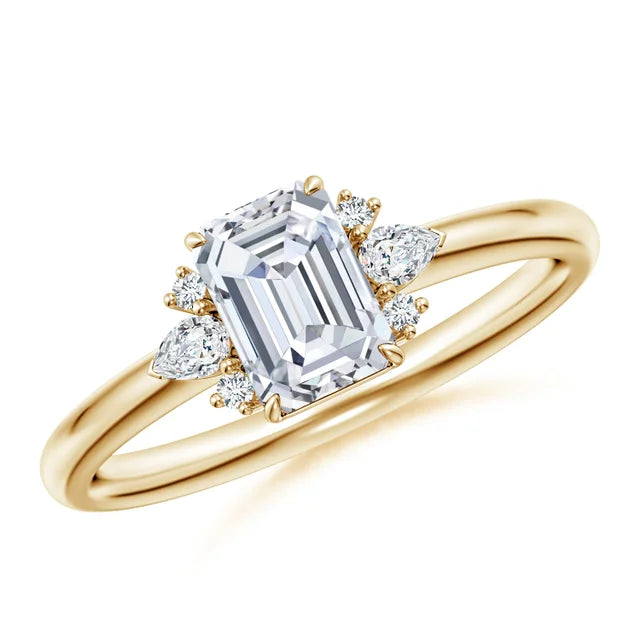 Four-claw prong emerald-cut lab-grown diamond engagement ring with marquise accent stones in 18k yellow gold by Irdoja Diamo