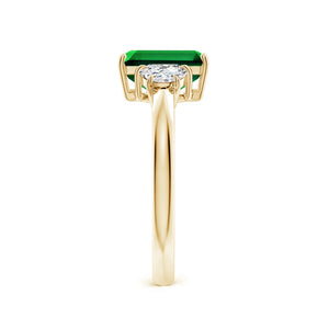 Lab-Grown Emerald-Cut Emerald Three Stone Ring with Half Moon Diamonds