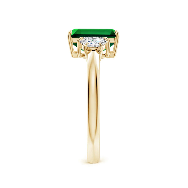 Lab-Grown Emerald-Cut Emerald Three Stone Ring with Half Moon Diamonds
