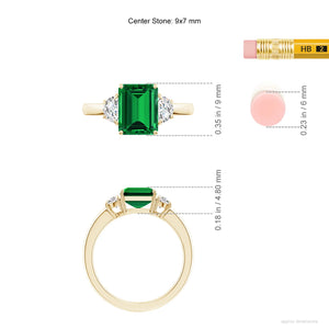 Lab-Grown Emerald-Cut Emerald Three Stone Ring with Half Moon Diamonds