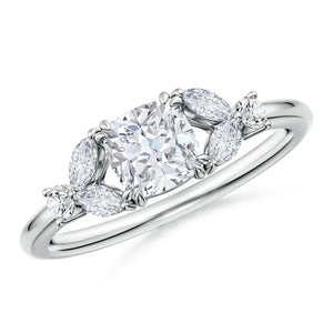 Cushion-cut lab diamond engagement ring with double-claw prongs in white gold by Irdoja Diamonds.