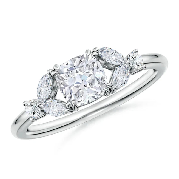 Cushion-cut lab diamond engagement ring with double-claw prongs in white gold by Irdoja Diamonds.