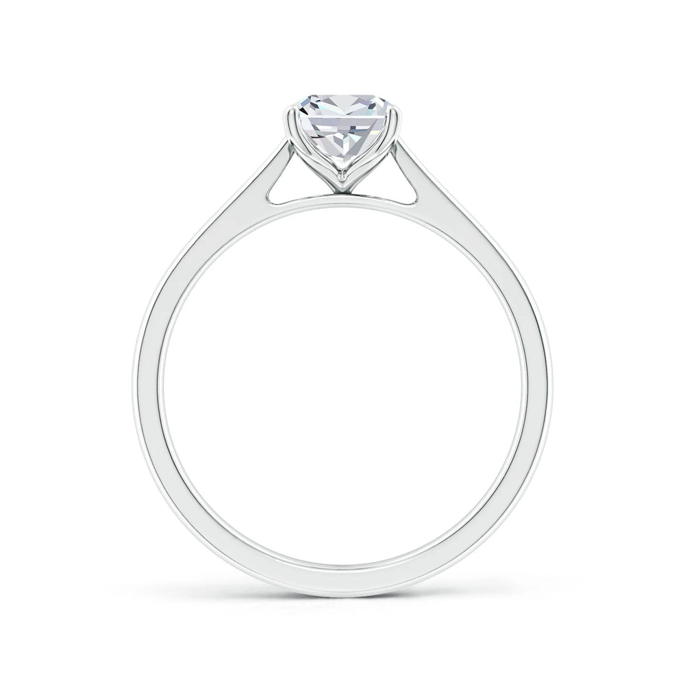 Lab-grown cushion diamond cathedral engagement ring with a tapered 14k gold band by Irdoja Diamonds.