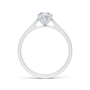 Lab-grown cushion diamond cathedral engagement ring with a tapered band in white gold by Irdoja Diamonds.