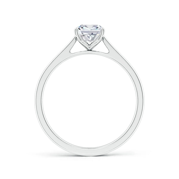 Lab-grown cushion diamond cathedral engagement ring with a tapered band in white gold by Irdoja Diamonds.
