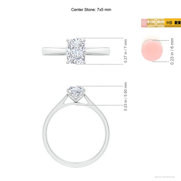 Cushion lab-grown diamond cathedral ring with tapered band in 14K/18K gold, featuring a 7x5mm center stone.