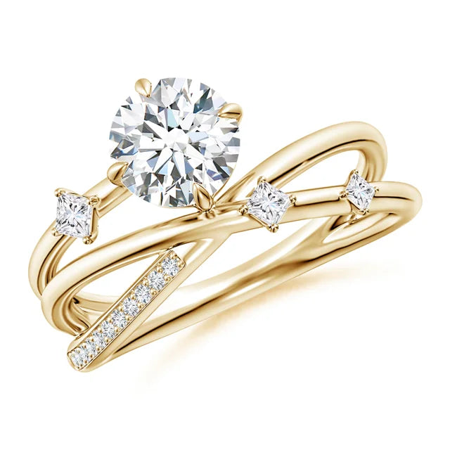 Round lab-grown diamond crossover engagement ring in 14k yellow gold with scattered accent diamonds.