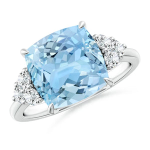 Cushion aquamarine engagement ring with 3.5ct AAAA trio diamond accents in 14K white gold by Irdoja Diamonds