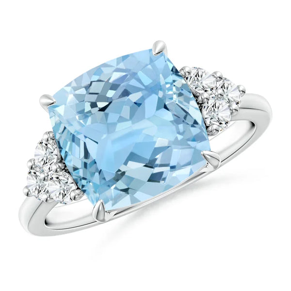 Cushion aquamarine engagement ring with 3.5ct AAAA trio diamond accents in 14K white gold by Irdoja Diamonds