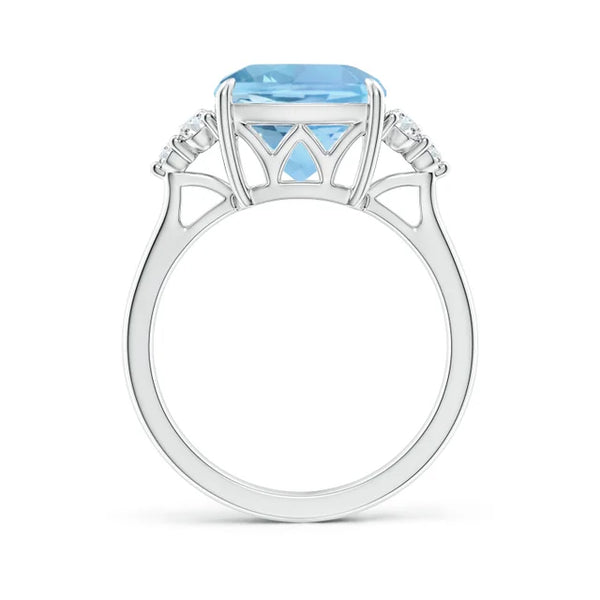 Cushion aquamarine engagement ring 3.5ct with trio diamond accents in 14K white gold setting by Irdoja Diamonds