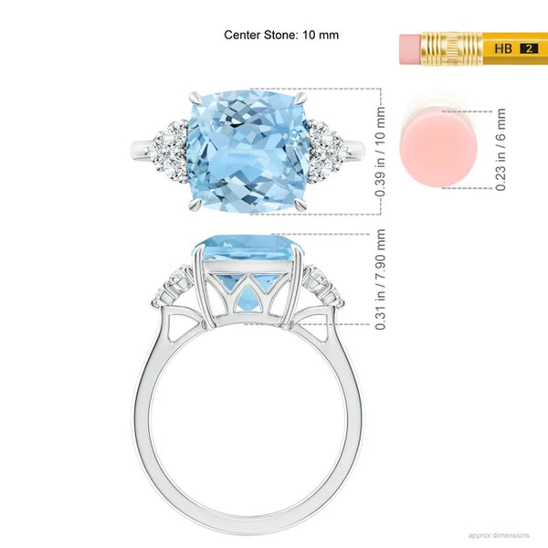 Cushion Aquamarine Engagement Ring 3.5ct AAAA Trio Diamond 14K-18K