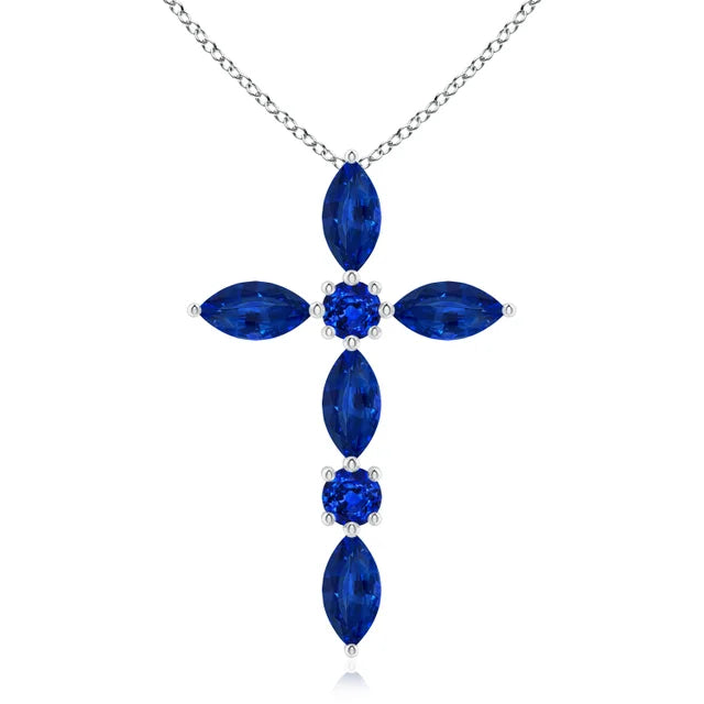 Marquise and round blue sapphire cross pendant in 14k yellow gold by Irdoja Diamonds