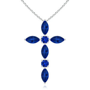 Marquise and round blue sapphire cross pendant in 14k yellow gold by Irdoja Diamonds