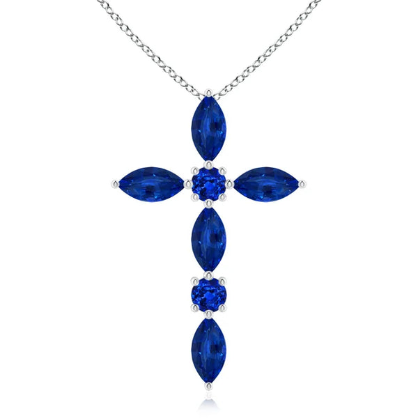 Marquise and round blue sapphire cross pendant in 14k yellow gold by Irdoja Diamonds