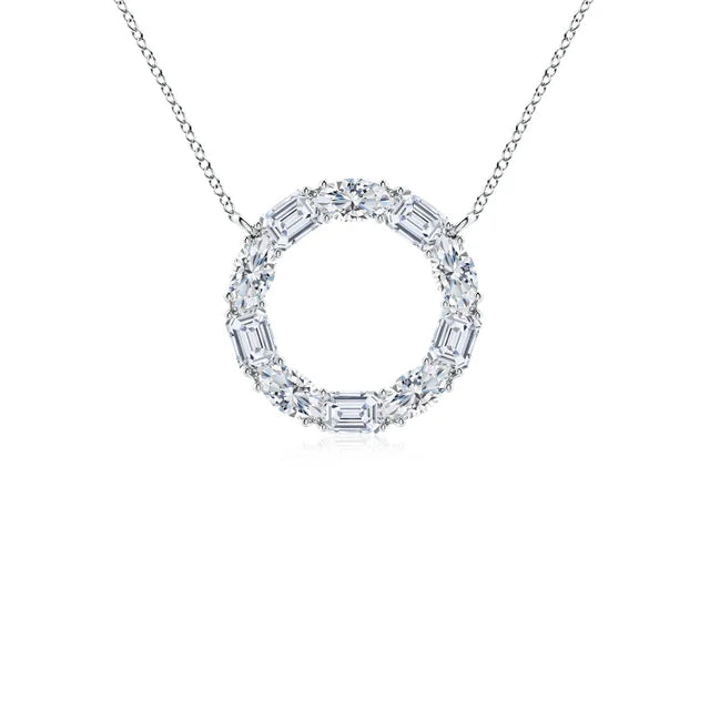 Emerald-cut and oval diamond circle pendant in 18k white gold by Irdoja Diamonds.