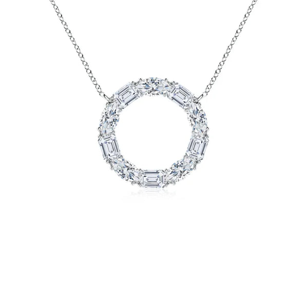 Emerald-cut and oval diamond circle pendant in 18k white gold by Irdoja Diamonds.