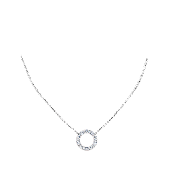 Emerald-cut and oval diamond circle pendant in 18k white gold by Irdoja Diamonds.