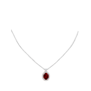 Lab-grown ruby pendant 3.6ct in 14K white gold diamond halo by Irdoja Diamonds.