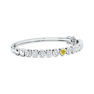 Bezel-Set Multi-Shape Lab-Grown Yellow and White Diamond Bangle featuring lab-grown diamonds in 14K white gold.