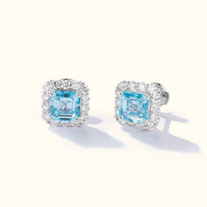 4.00ctw Fancy Intense Blue lab-grown diamond halo stud earrings in 18K white gold