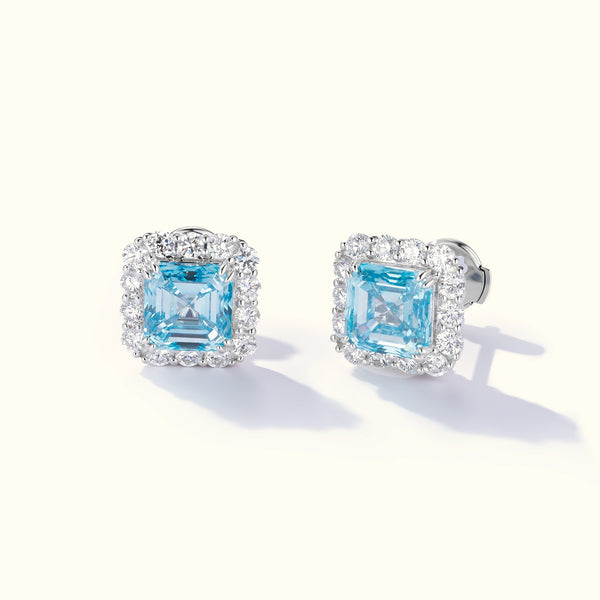 4.00ctw Fancy Intense Blue lab-grown diamond halo stud earrings in 18K white gold