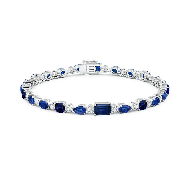 Blue Sapphire & Diamond Multi-Shape Tennis Bracelet featuring blue sapphires and diamonds elegantly arranged.