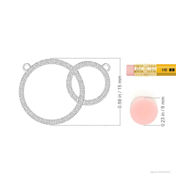 Diamond Interlocking Circle Necklace 18K Gold Pavé Eternity design showing dimensions beside a pencil for scale.