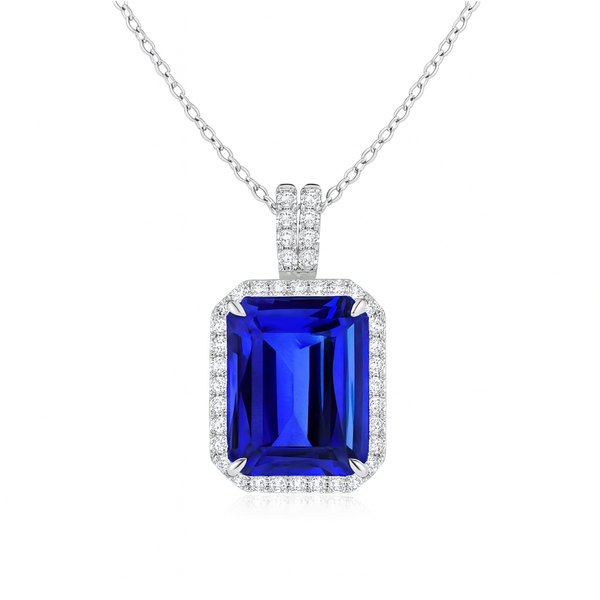 3.4ct Emerald-Cut Tanzanite Halo Pendant 18K Gold AAA Quality with diamond accents and stunning blue-violet tanzanite centerpiece.