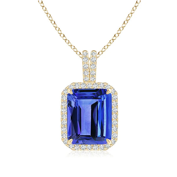 3.4ct Emerald-Cut Tanzanite Halo Pendant 18K Gold AAA Quality with diamond accents and vivid blue-violet coloring.