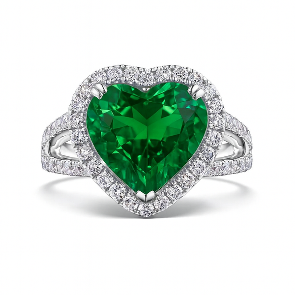 Heart-Shaped Lab Emerald Engagement Ring with Diamond Halo featuring a vibrant heart-shaped emerald and diamond accents.