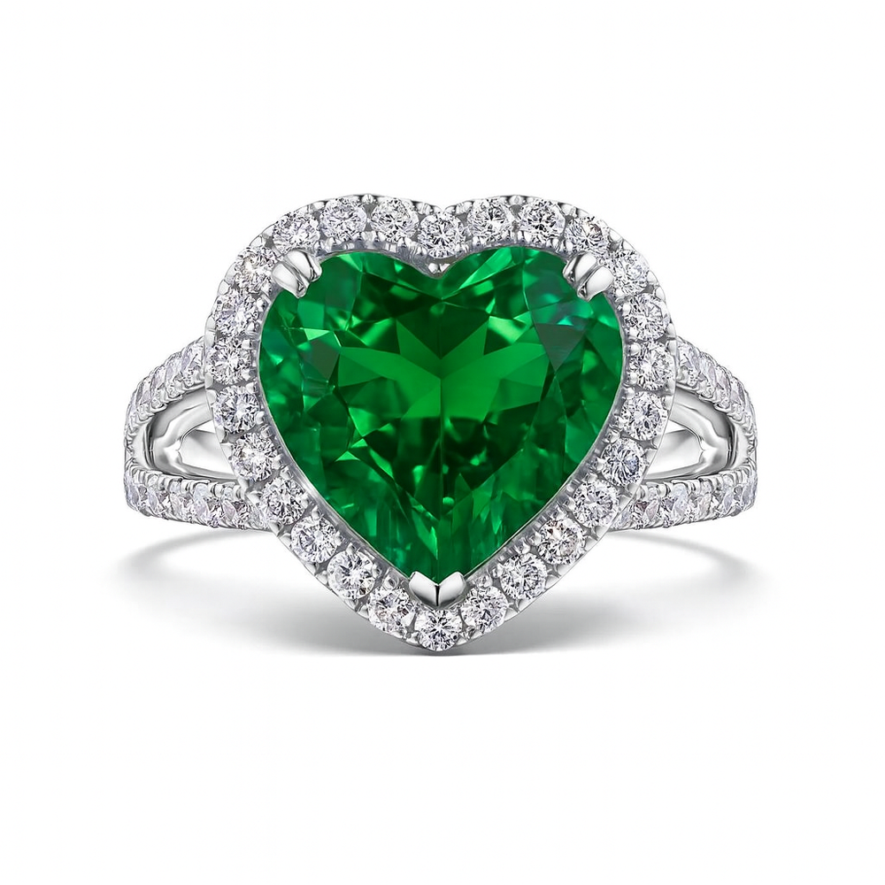 Heart-Shaped Lab Emerald Engagement Ring with Diamond Halo featuring a 5.0 carat heart-shaped lab emerald and diamond halo.