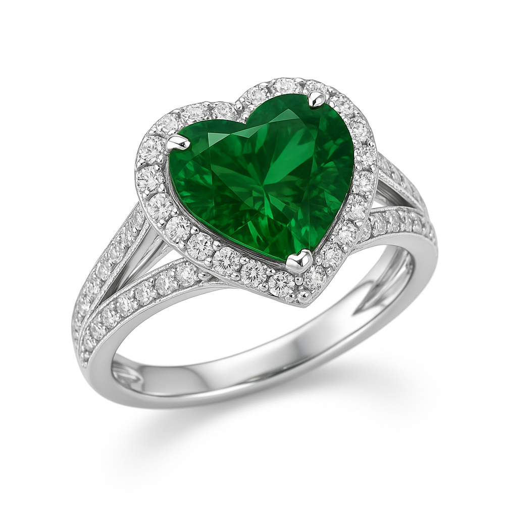 Heart-Shaped Lab Emerald Engagement Ring with Diamond Halo featuring a 5.0 carat heart-shaped lab emerald and diamond halo.