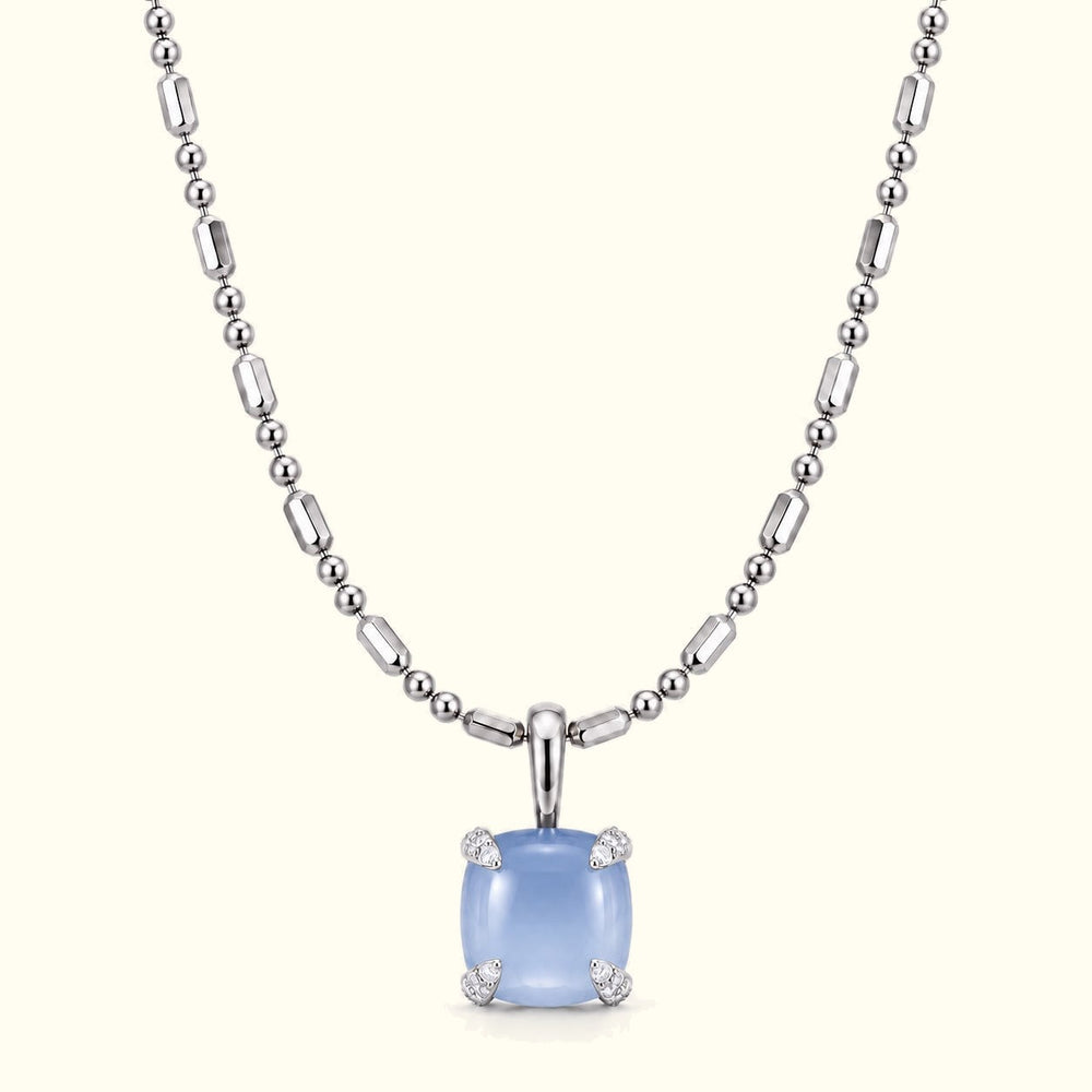 Bloom amulet necklace, a blue chalcedony pendant on a 14K white gold ball-and-bar chain