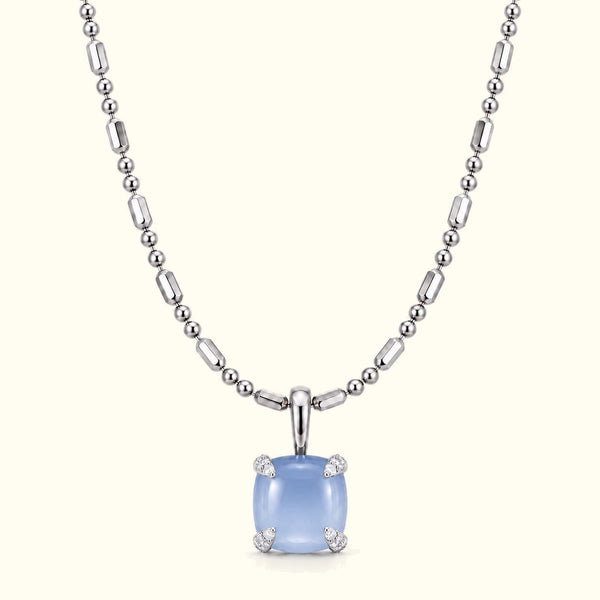 Bloom amulet necklace, a blue chalcedony pendant on a 14K white gold ball-and-bar chain