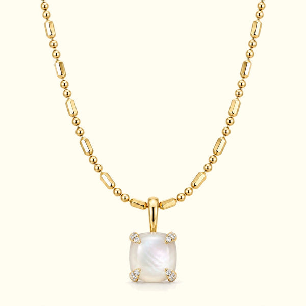 Bloom amulet necklace, a mother-of-pearl pendant on a 14K yellow gold ball-and-bar chain